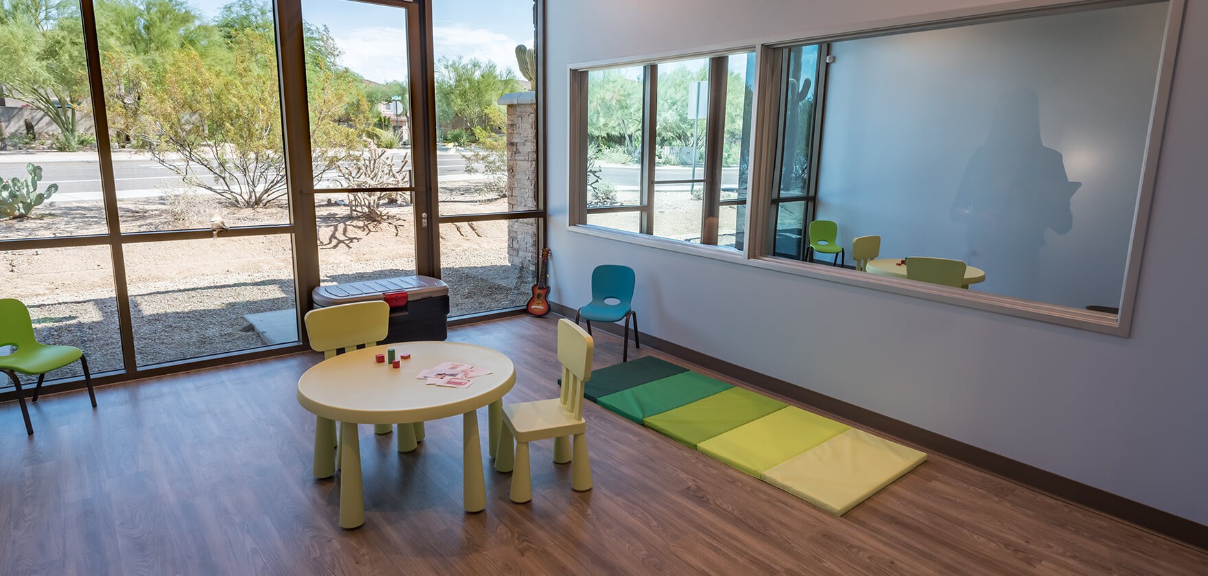 Scottsdale PBS building with chairs, table, mat and observation room
